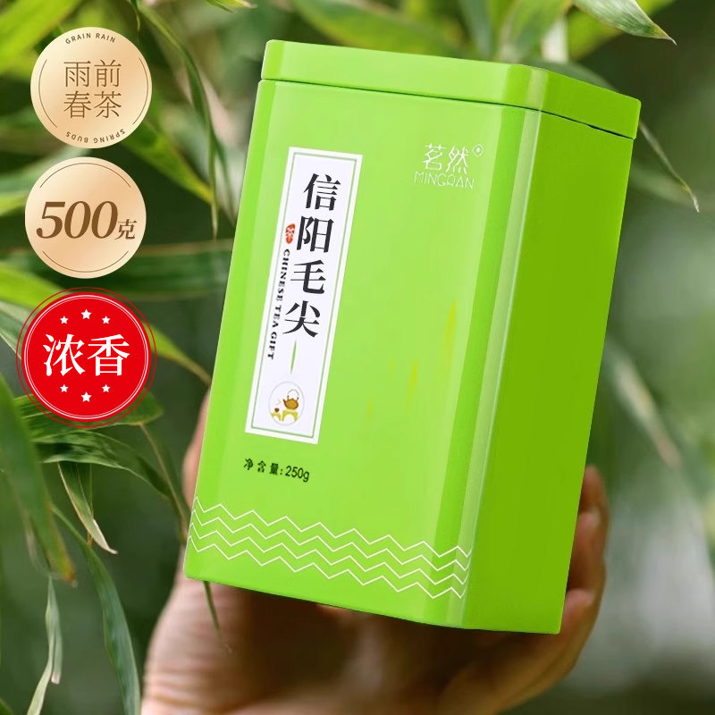 茗然信阳毛尖2026新茶绿茶雨前春茶鲜嫩芽叶浓香耐泡茶叶罐装500g