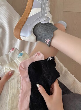 灰色袜子女后跟刺绣蝴蝶结夏季薄款短筒袜纯棉ins潮日系jk中筒袜