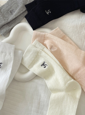 芭蕾风网眼蝴蝶结袜子女中筒袜春夏季薄款纯棉miu风白色堆堆长袜