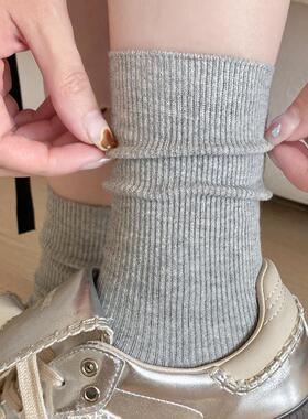 灰色袜子女中筒袜春秋季纯棉韩版白色长袜女双针堆堆袜搭配小皮鞋