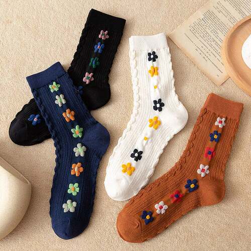 复古小花袜子女中筒袜ins潮长筒袜堆堆袜