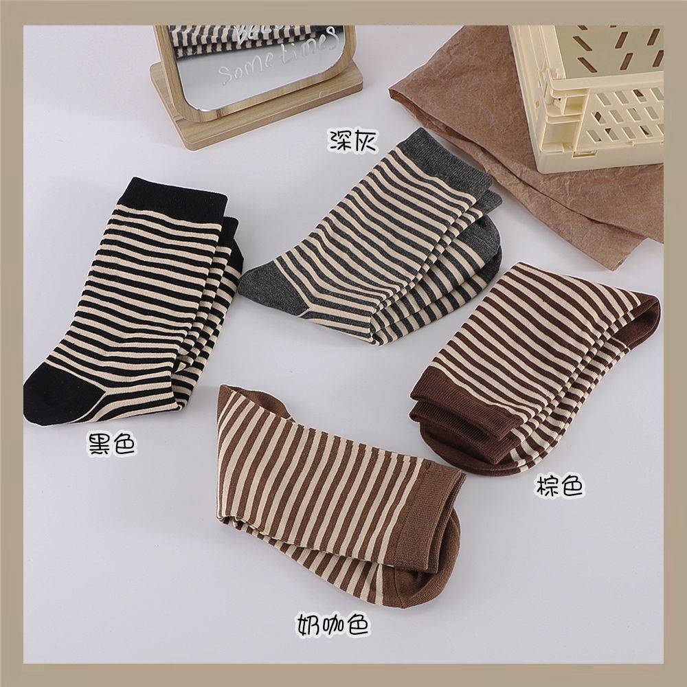 袜子女长条纹春秋中筒纯棉吸汗