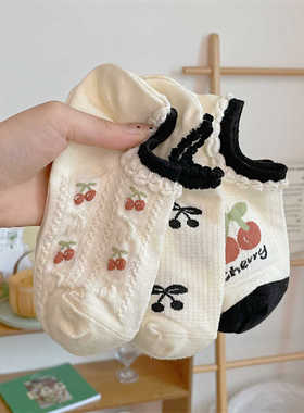 白色樱桃袜子女短袜夏季薄款网眼浅口船袜纯棉可爱日系隐形袜夏天