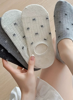 蝴蝶结袜子女船袜夏季薄款纯棉不掉跟防滑白色隐形袜浅口短袜夏天