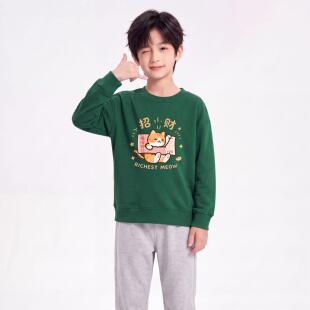 招财猫印花卫衣男女童2026春秋圆领中大童长袖卡通儿童休闲潮上衣