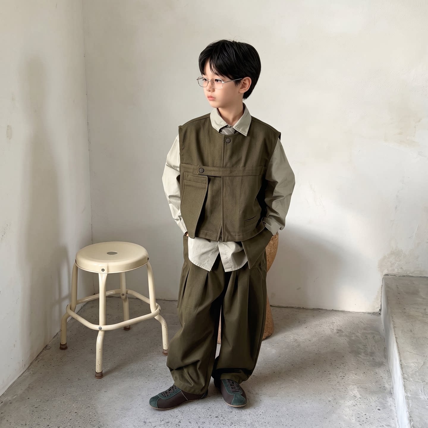 男童春秋休闲套装中大童纯棉马甲领带衬衫长裤三件套2026秋季新款