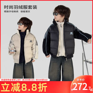 童装儿童冬季套装拼接羽绒服加绒内搭牛仔裤2026新款男童三件套