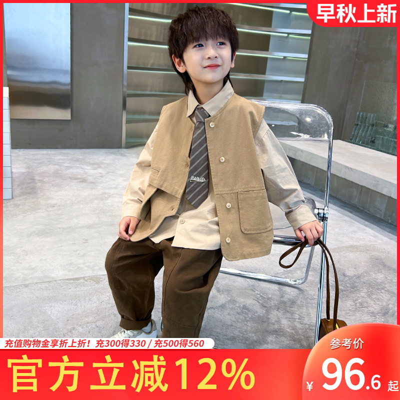 男童春秋装套装2026韩版马甲衬衫休闲裤三件套童装中大童6-12岁潮