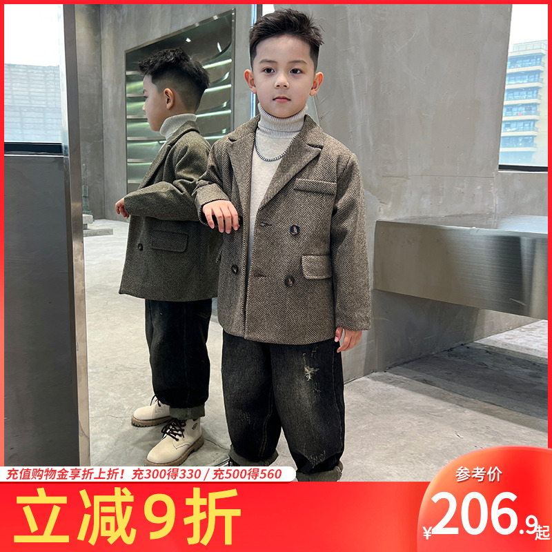男童冬装外套西装毛呢大衣牛仔裤套装2025儿童中长款夹棉中大童潮