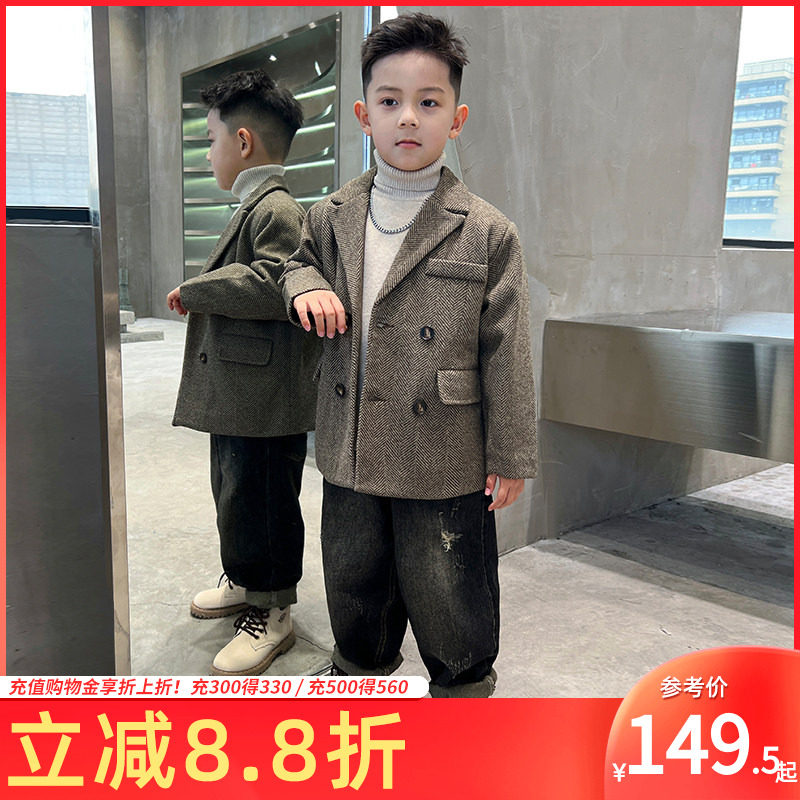 男童冬装外套西装毛呢大衣牛仔裤套装2026儿童中长款夹棉中大童潮