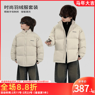 童装男童冬季套装90白鸭绒羽绒服半高领毛衣加绒牛仔弯刀裤三件套