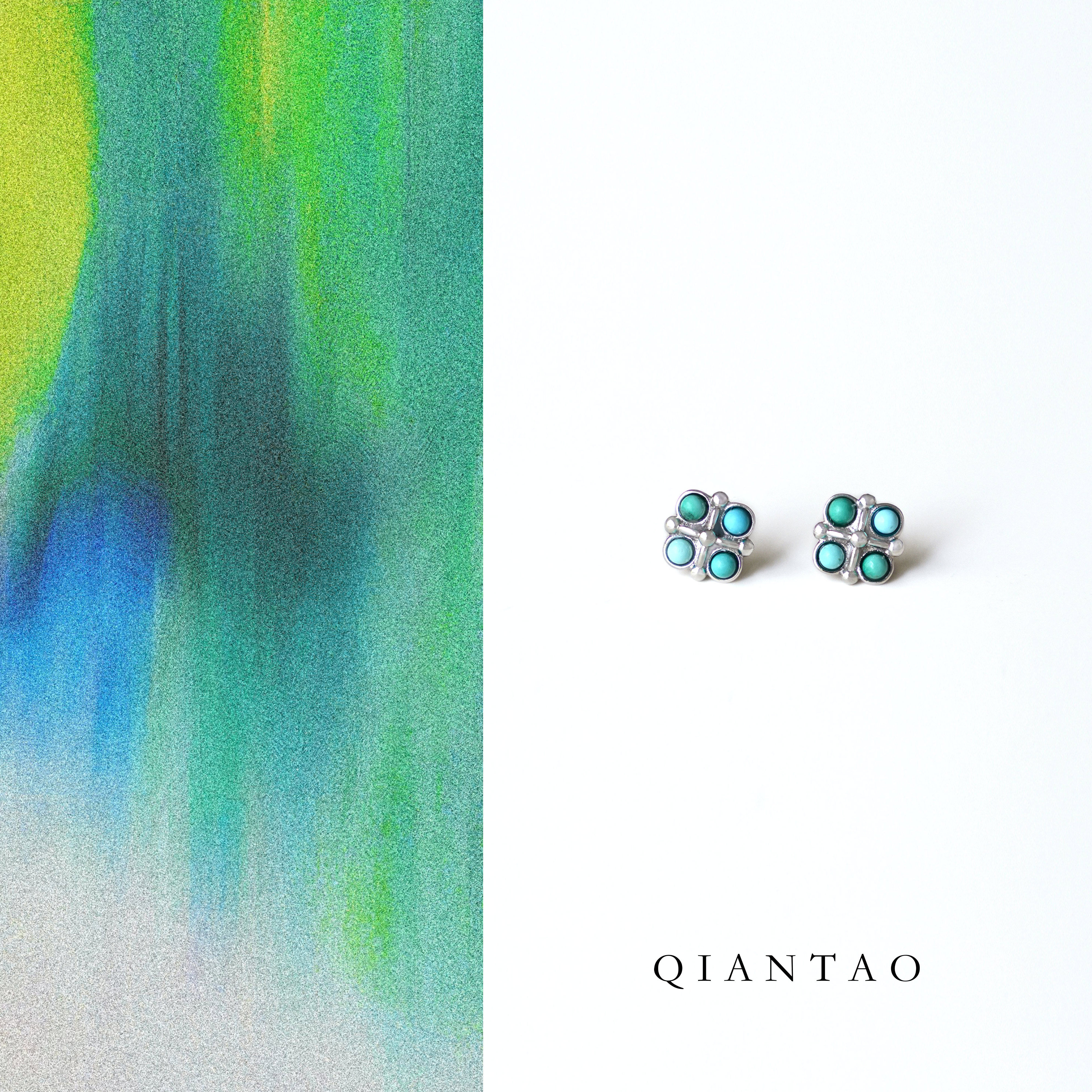 Qiantao天然绿松石耳钉转运四叶草925银天然石耳环耳饰女生礼物
