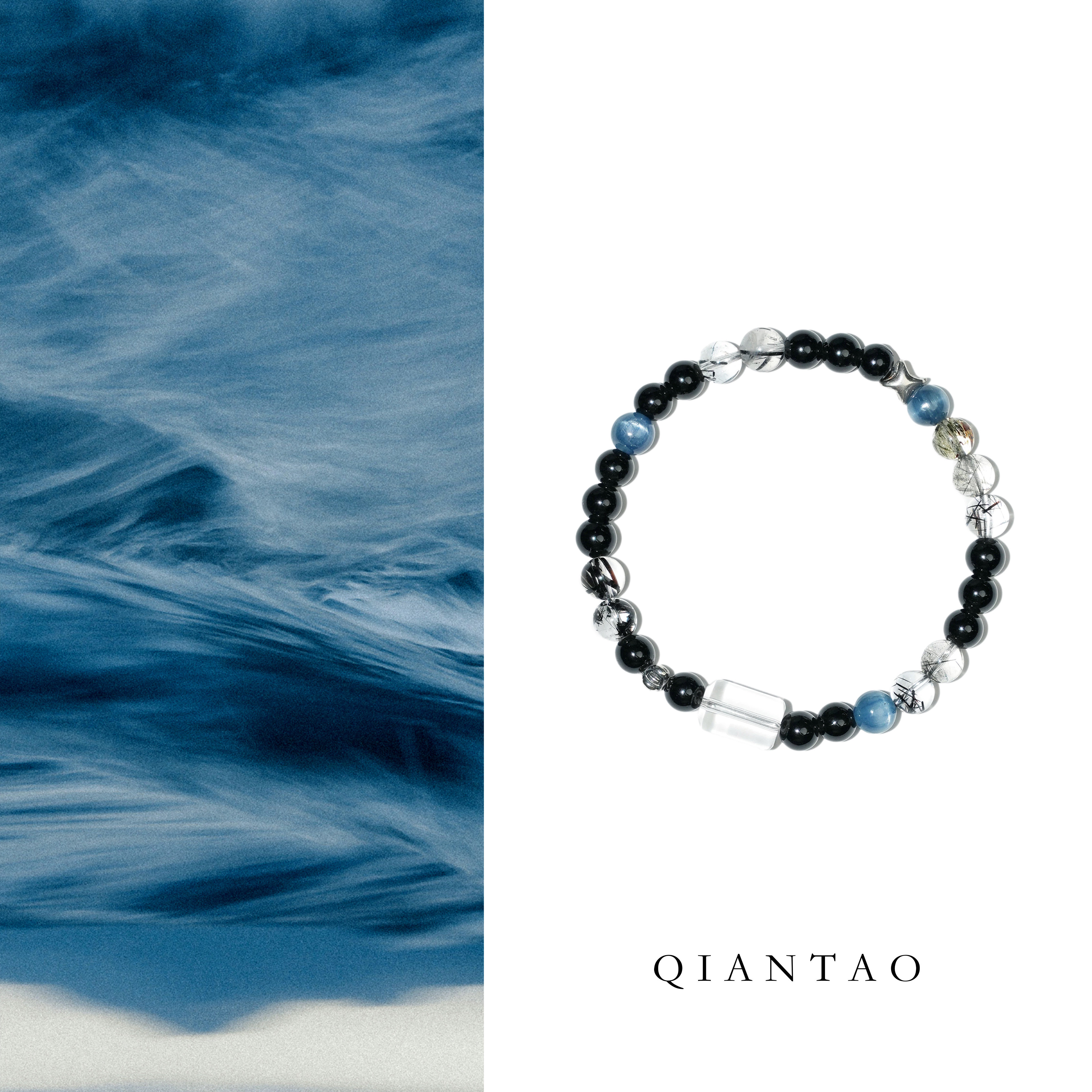 QIANTAO「藏星」天然黑爆闪海蓝宝黑曜石水晶手串好运情侣礼物