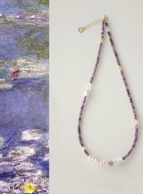 QIANTAO「风信」原创油画天然紫水晶花瓣珍珠项链女生锁骨链礼物