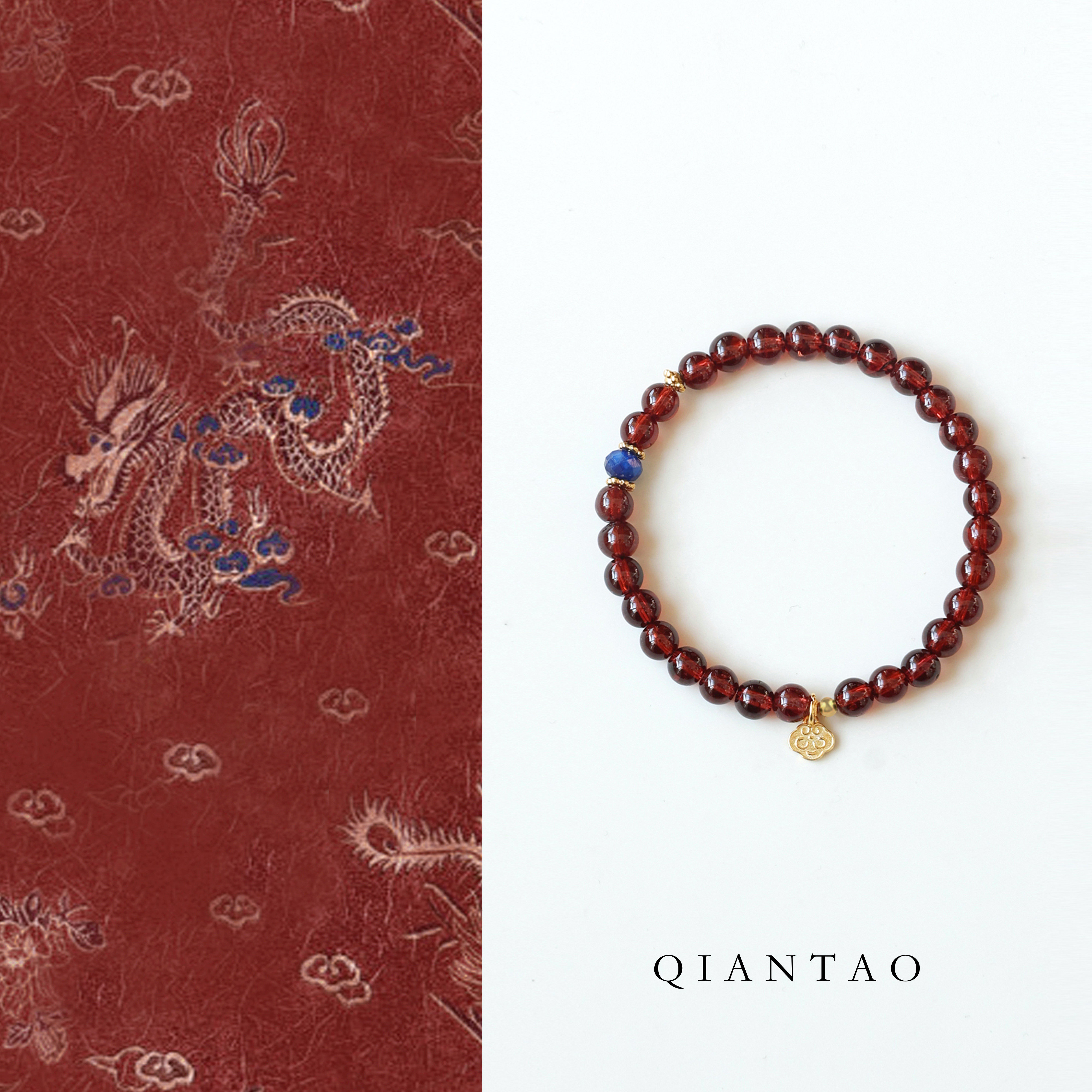 QIANTAO「烛瑶红」原创中式国风天然石榴石蓝晶手串情侣手链礼物