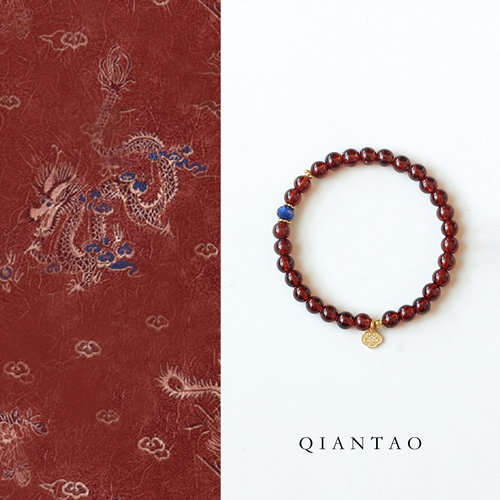 QIANTAO「烛瑶红」原创中式国风天然石榴石蓝晶手串情侣手链礼物