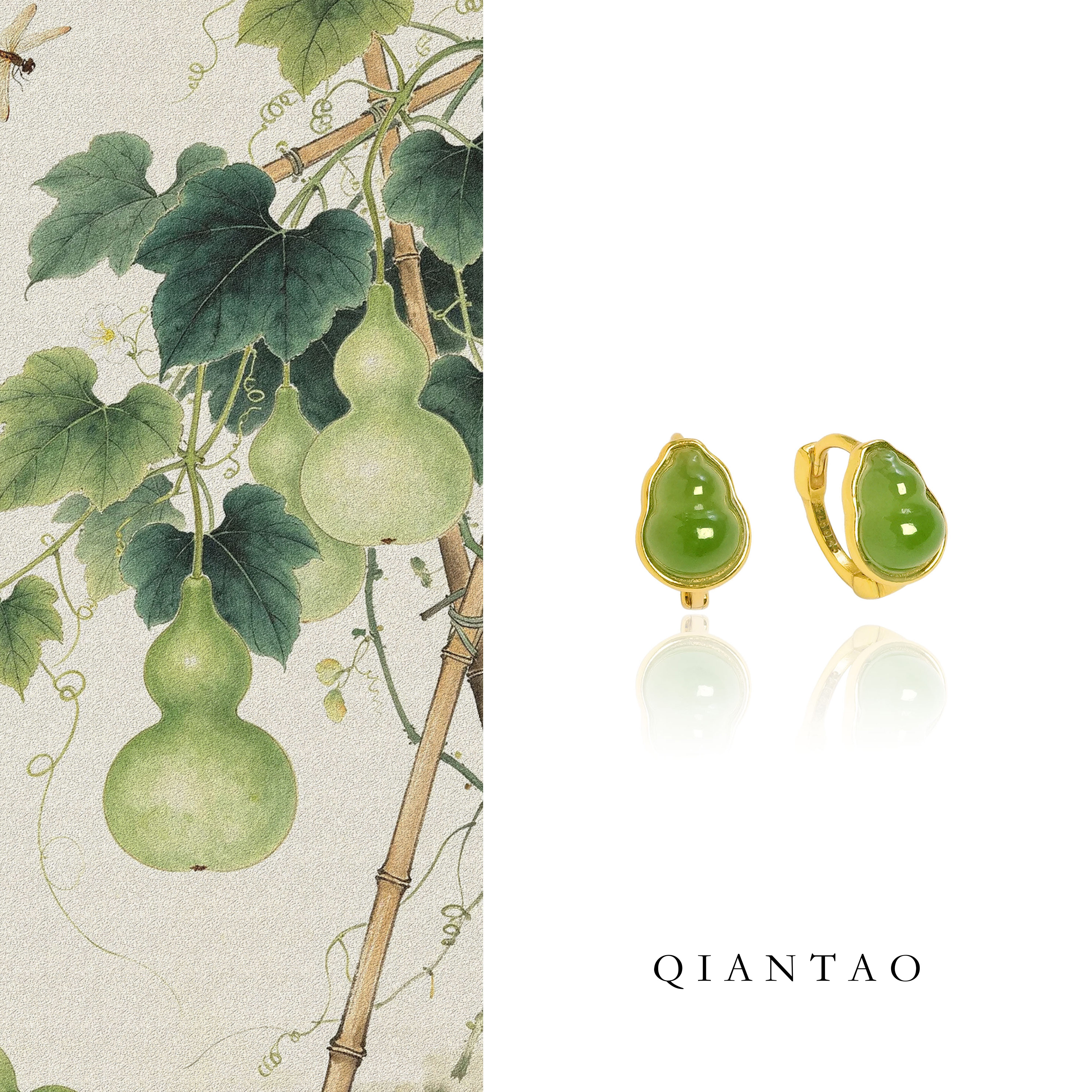 QIANTAO「禄禾」和田玉耳饰银镀18k金天然碧玉葫芦耳环妈妈礼物