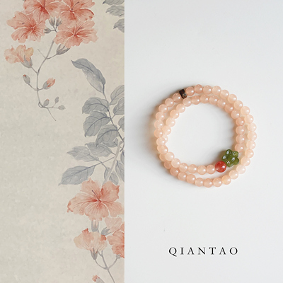 QIANTAO「甜花酪」原创双圈天然粉玉髓南红手串和田玉手链礼物
