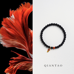 QIANTAO「玄鲤」原创中式天然黑曜石水晶手串震灾转运情侣礼物