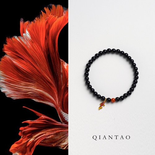QIANTAO「玄鲤」原创中式天然黑曜石水晶手串震灾转运情侣礼物