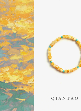 QIANTAO「月华清」原创中式天然蜜蜡绿松石手串情侣招财手链礼物