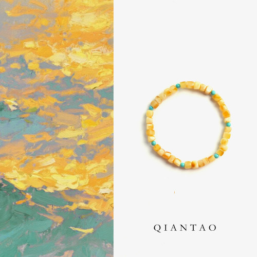 QIANTAO「月华清」原创中式天然蜜蜡绿松石手串情侣招财手链礼物