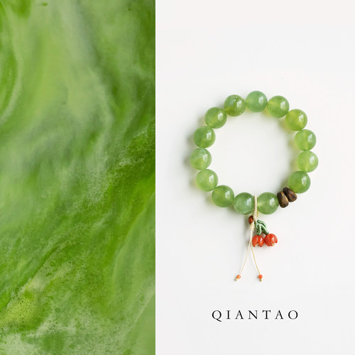 QIANTAO「淡竹」原创中式天然岫玉手串沉香南红吊坠女生手链礼物