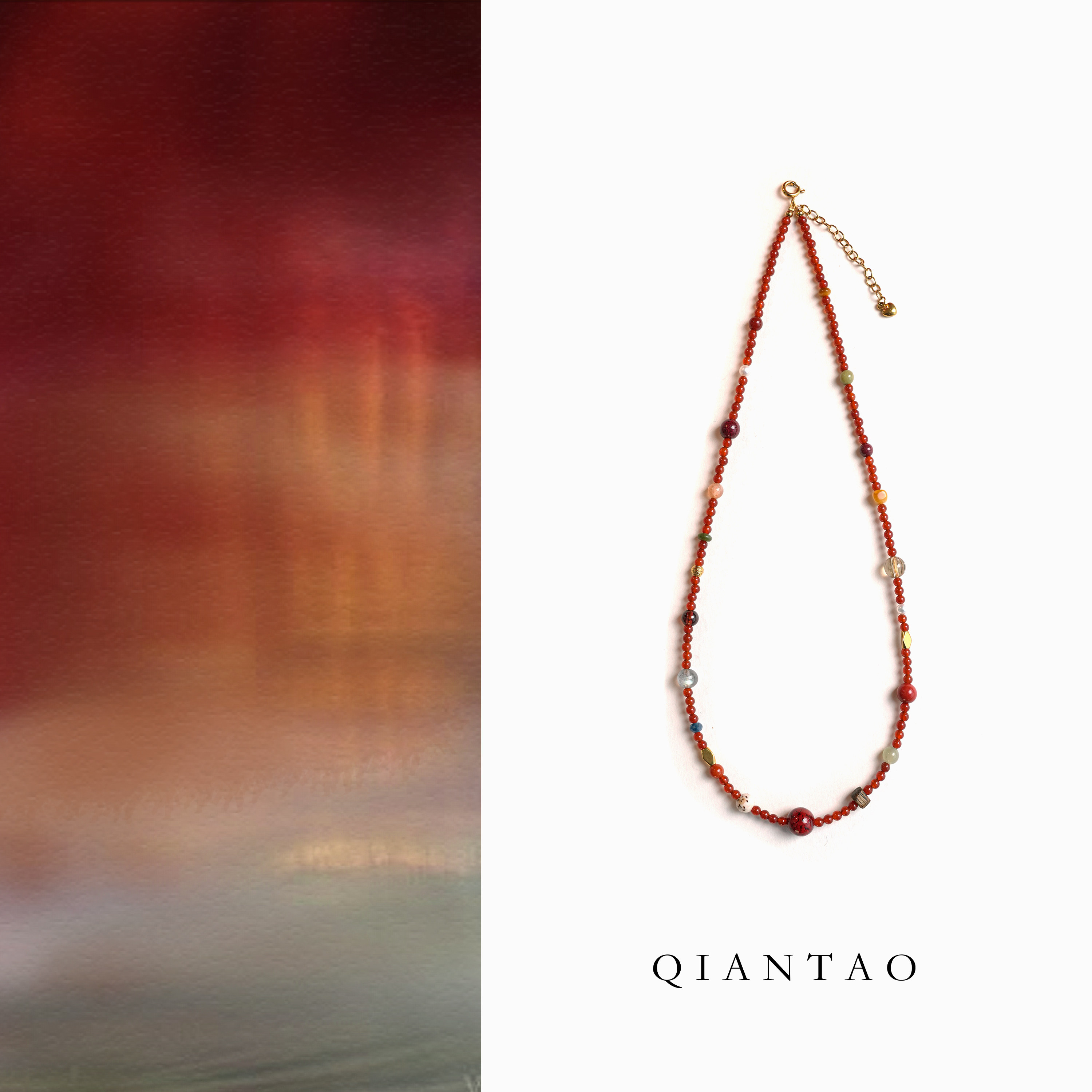 QIANTAO「朱颜」原创中式天然红玛瑙多宝项链本命年红锁骨链礼物