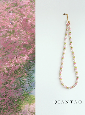 QIANTAO「浔花」原创中式天然蔷薇石粉水晶橄榄石项链女生礼物