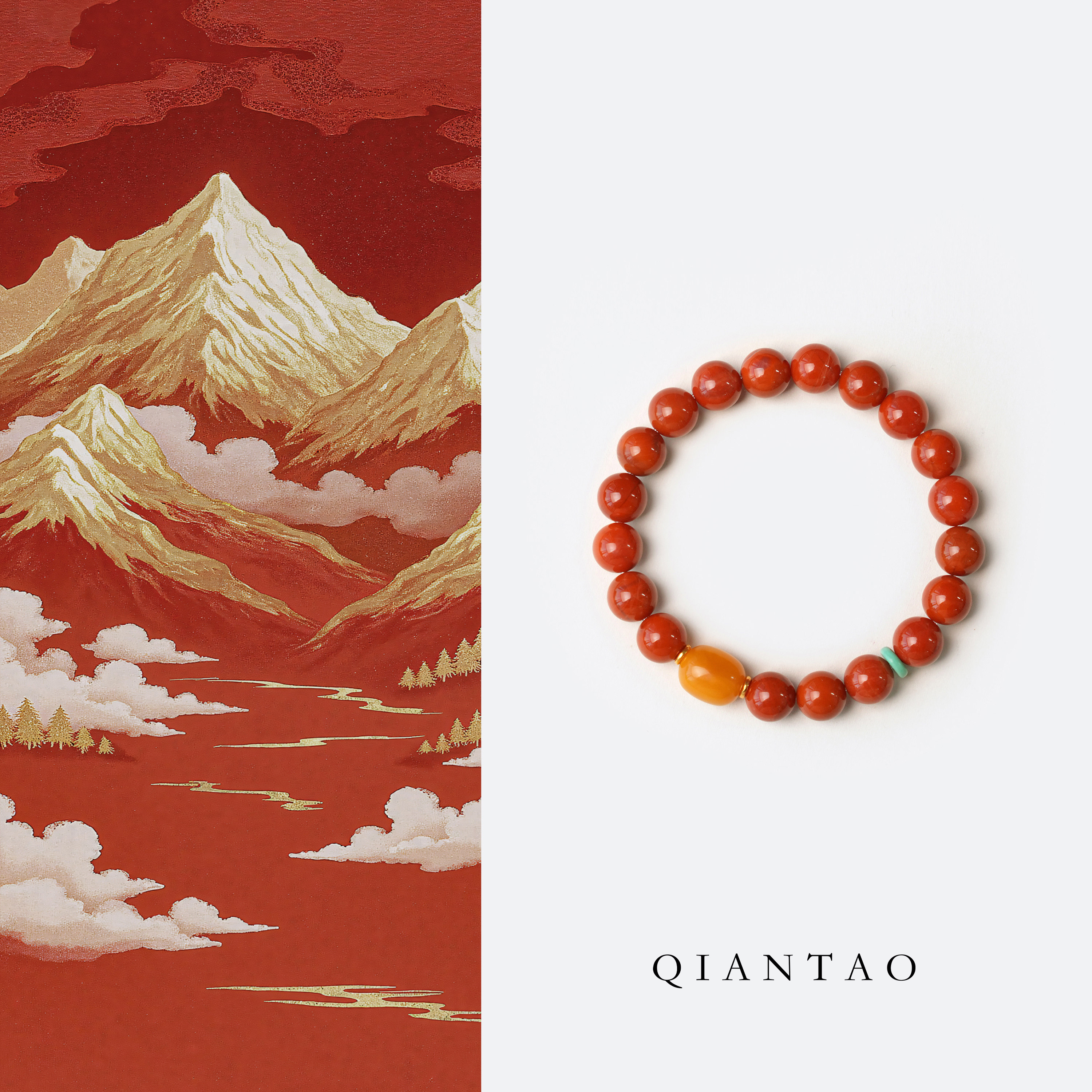 QIANTAO「观自在」原创天然满肉南红柿子红手串蜜蜡情侣手链礼物