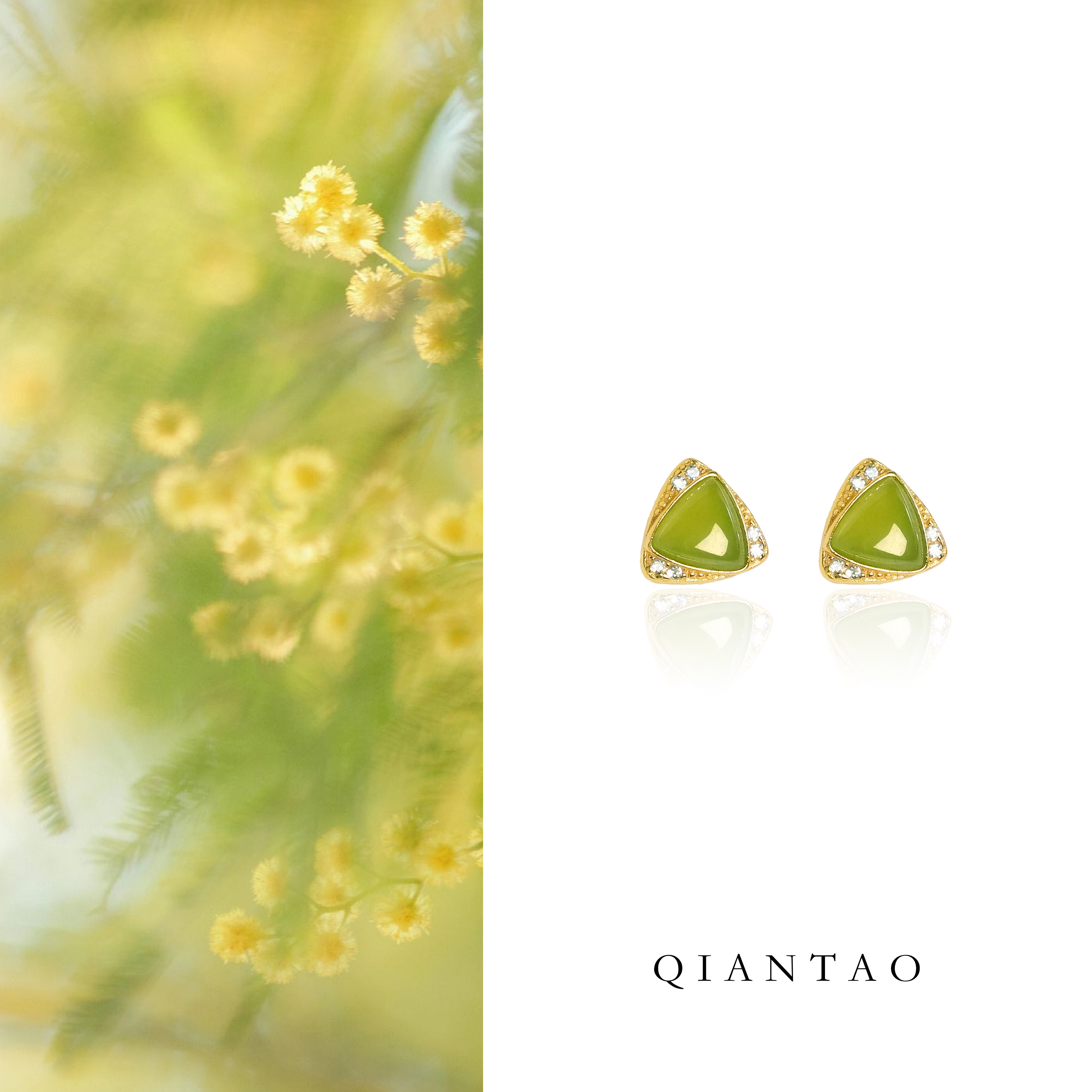 QIANTAO「金芮」碧玉耳钉银镀18k金耳饰天然和田玉生日妈妈礼物图片