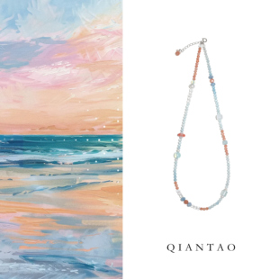 QIANTAO「烟霞」原创国风新中式海蓝宝水晶飘冰南红项链女生礼物