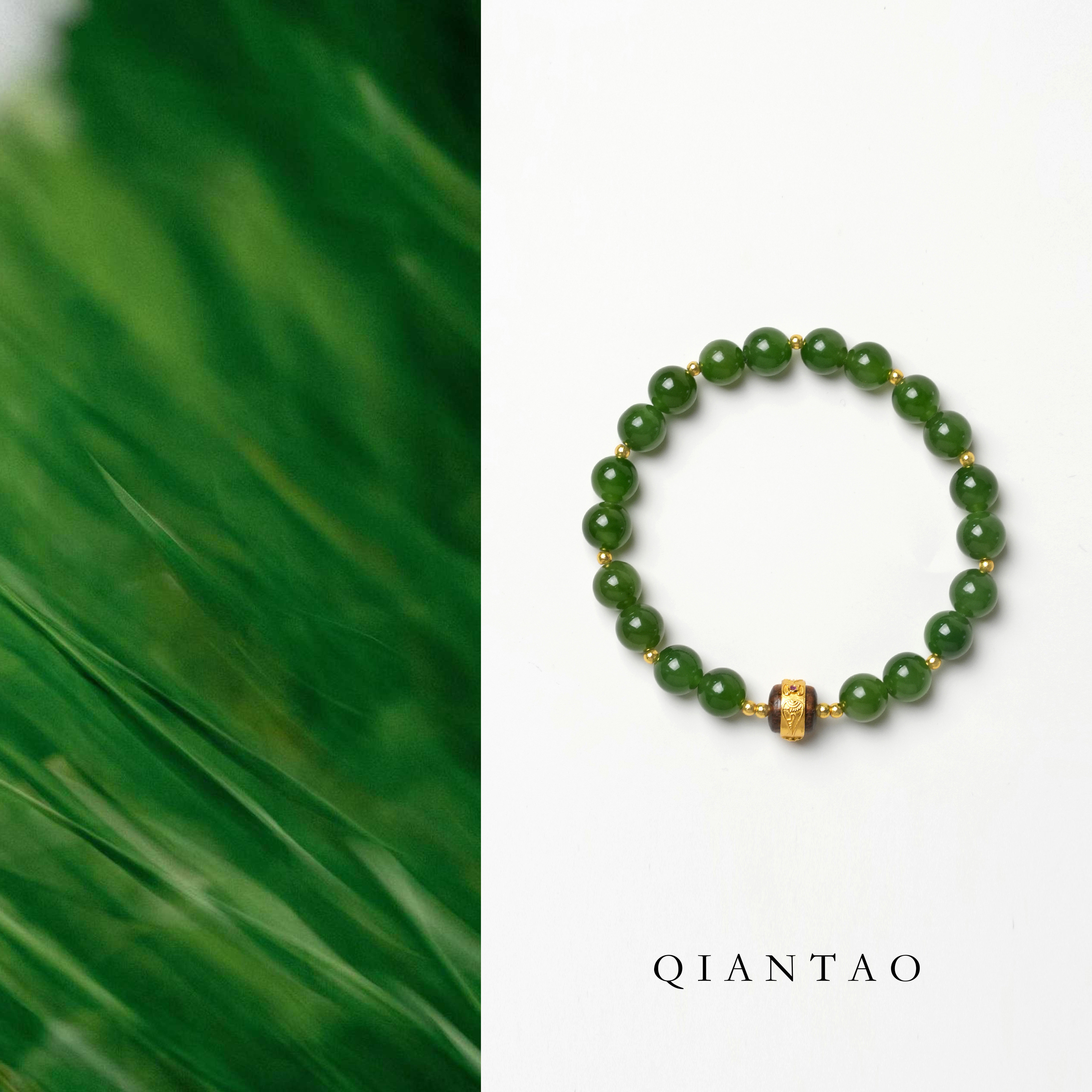 QIANTAO「凝翠」天然和田玉手串菠菜碧玉种植奇楠沉香手链礼物