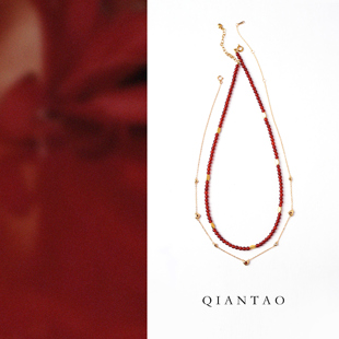 QIANTAO「水华」原创中式天然红玛瑙叠戴项链本命年红锁骨链礼物
