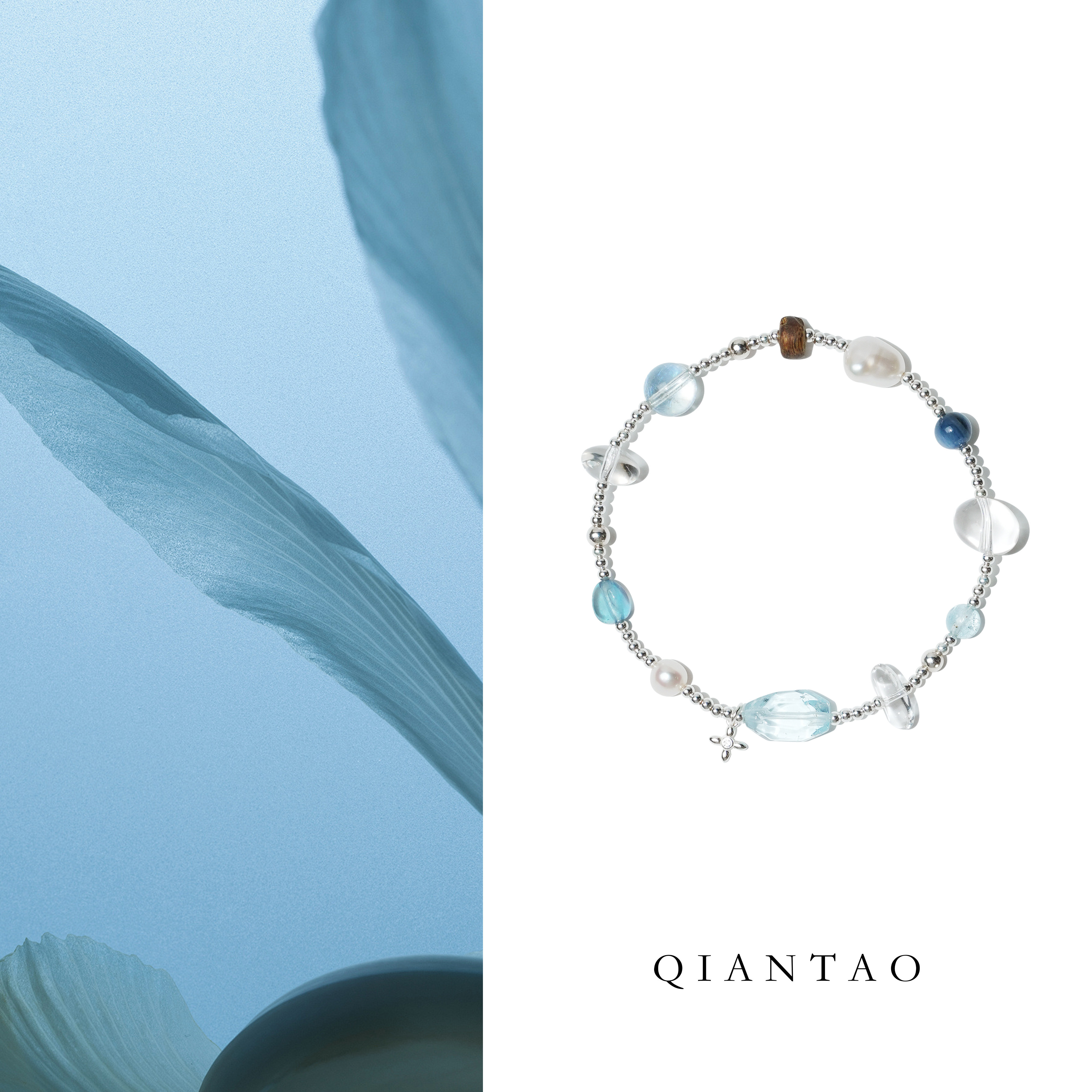 QIANTAO「藏夏」原创天然多宝水晶925银手链海蓝宝珍珠手串送女友