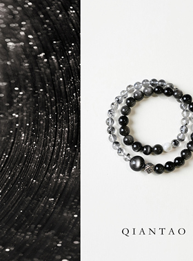 QIANTAO「梵音」天然银曜石手串黑闪灵雪花幽灵水晶手链情侣礼物
