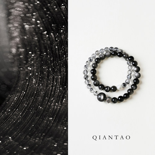 QIANTAO「梵音」天然银曜石手串黑闪灵雪花幽灵水晶手链情侣礼物
