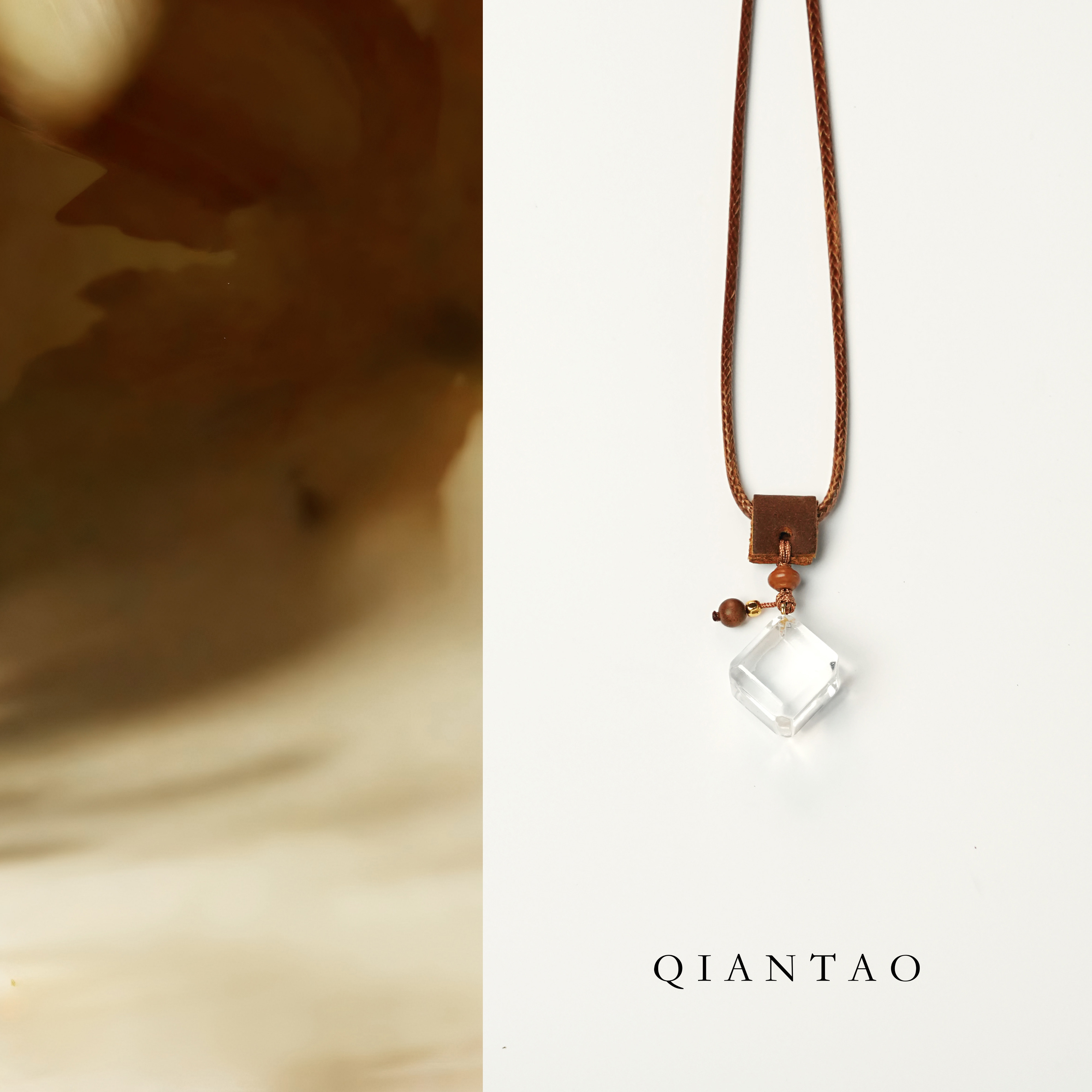QIANTAO「简寻」原创天然白水晶吊坠牛皮抽绳项链毛衣链女生礼物
