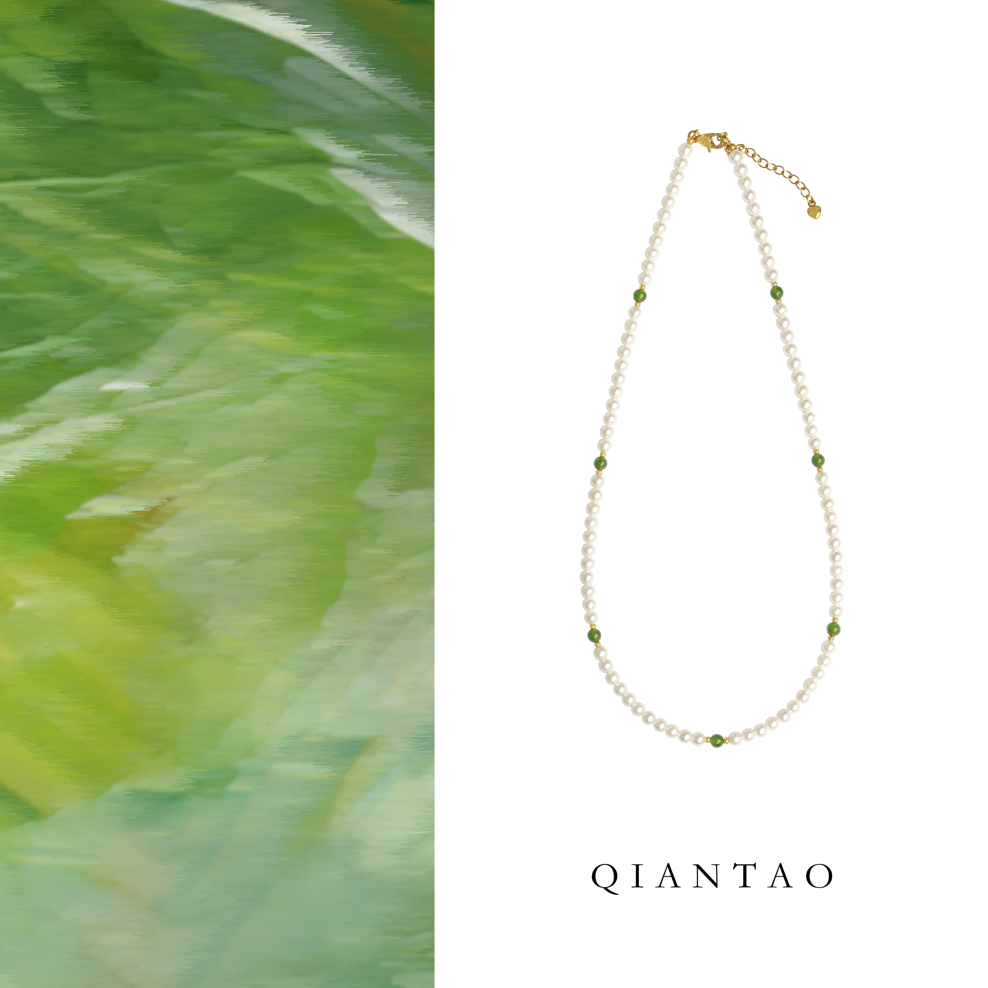 QIANTAO「拂柳」天然高品质淡水珍珠项链和田玉碧玉锁骨链女礼物