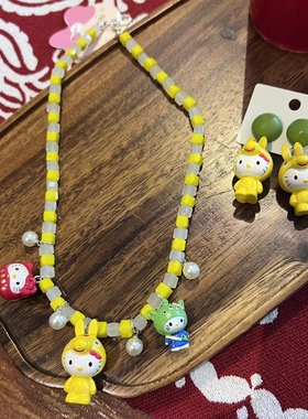 日韩biling闪亮水晶项链兔子三眼仔KT猫猫咪卡通短款项链颈链女