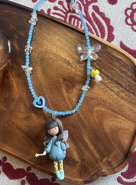 日韩水晶串珠可爱蓝色系花仙子女孩少女心仙女卡通短款项链颈链女