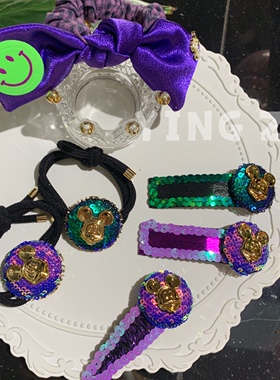 韩国东大门新款潮酷女生紫色绿色镭射亮片米奇掰掰夹时尚发饰女生