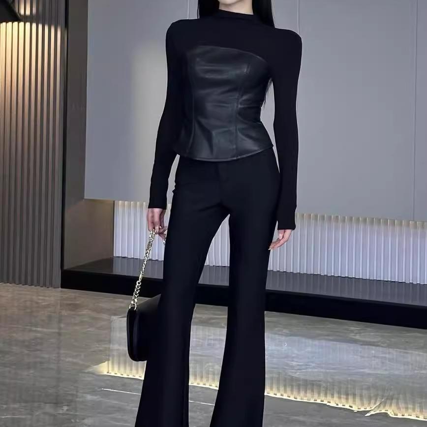 黑色半高领长袖内搭打底衫女秋冬可外穿拼接皮设计感修身气质上衣