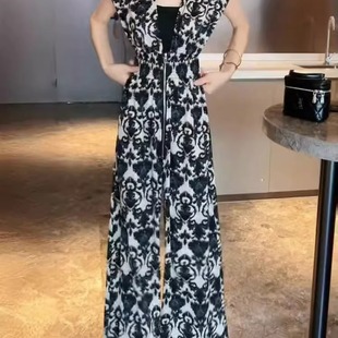 设计感宽松显瘦阔腿连衣裤 轻奢风时尚 新款 印花休闲连体裤 2025夏季