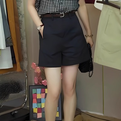 藏蓝色直筒西装阔腿短裤女