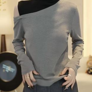 打底衫 假两件拼接修身 上衣 T恤女2025秋新款 设计感半高领露肩长袖