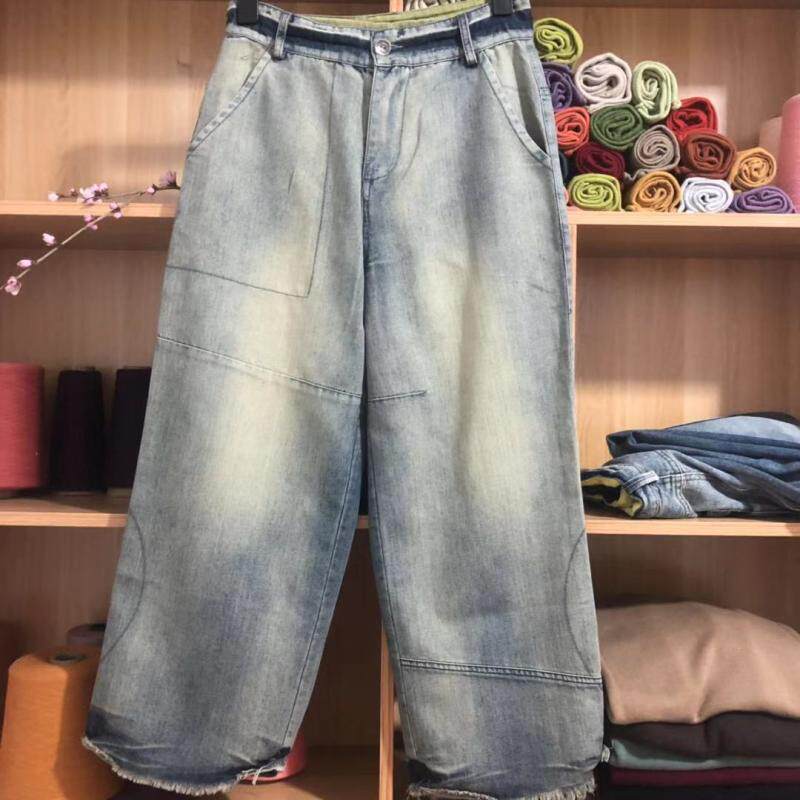 春夏牛仔九分裤女裤水洗做旧原创文艺大码高腰系列斯琴棉花记高腰