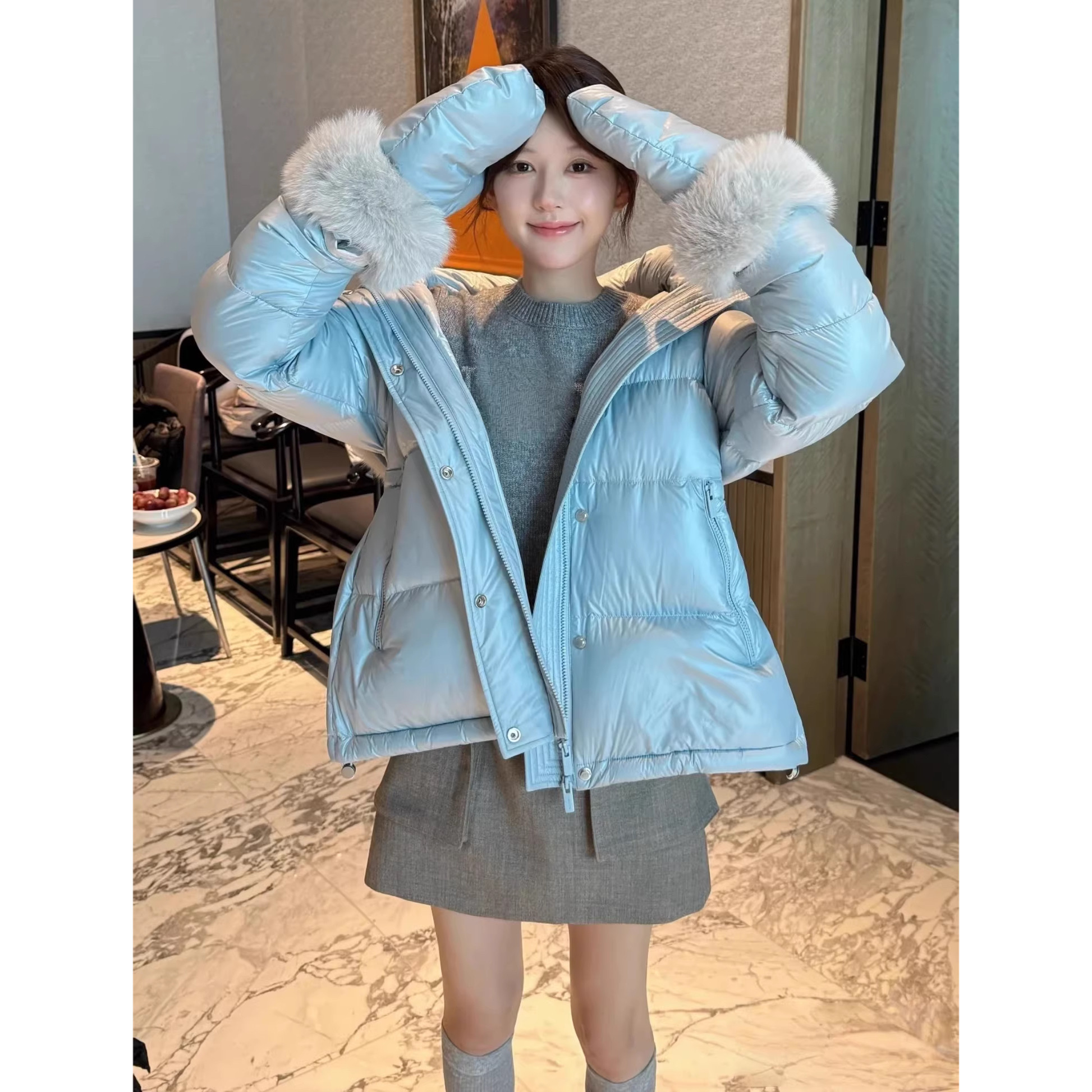 JR2025冬季新款时尚毛领连帽手套短款小个子羽绒服女外套Q166002E