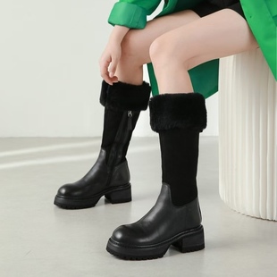 秋冬新款 长筒靴女高跟皮毛一体加厚羊毛里雪地靴两穿马丁靴子保暖