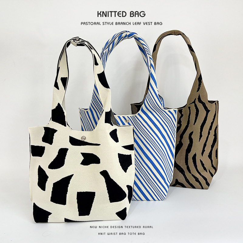 跨境日韩新款小众设计图案针织单肩手提包女个性百搭大容量托特包